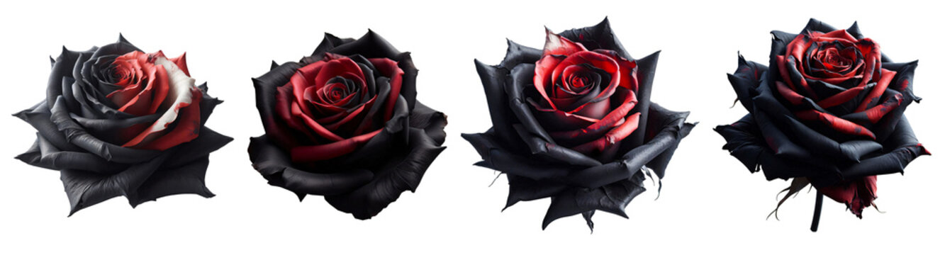Black and red rose with slightly wilted petals, isolated on a PNG background. 