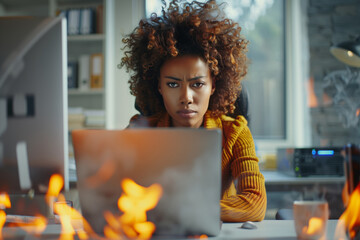 Woman works at desk while laptop is on fire