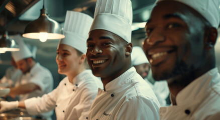 close up portrait of group young smiling professional chefs in white uniforms standing at the kitchen