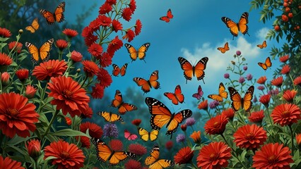 Colorful Butterflies in a Flower Garden