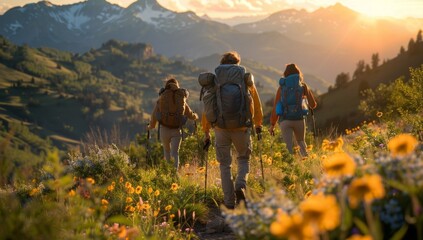 Three friends hiking in the mountains, surrounded by greenery and wildflowers