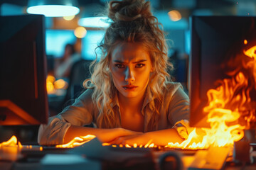 A young woman with blonde hair sits at a desk in an office at night. The desk is ablaze with fire, and monitor on her computer is also on fire. The woman looks at the camera with a serious expression