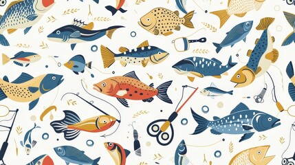 A vibrant, seamless pattern featuring various colorful fish, fishing rods, hooks, and other fishing equipment against a white background