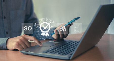 Quality Assurance, Standard Warranty ISO, businessman working with computer services, quality certification concept, standards	