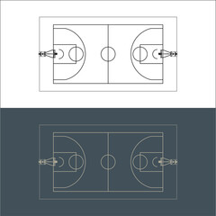 basketball court technical image Blueprint line art for Architect in transparent background