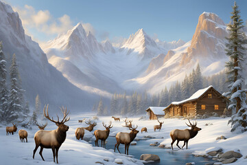 Snow-Covered Peaks, Frozen Waterfall, Elk Herd in Winter Mountain Valley
