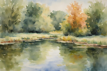 A watercolor painting of a tranquil river scene. Lush green trees line the banks, with sunlight filtering through the leaves. 