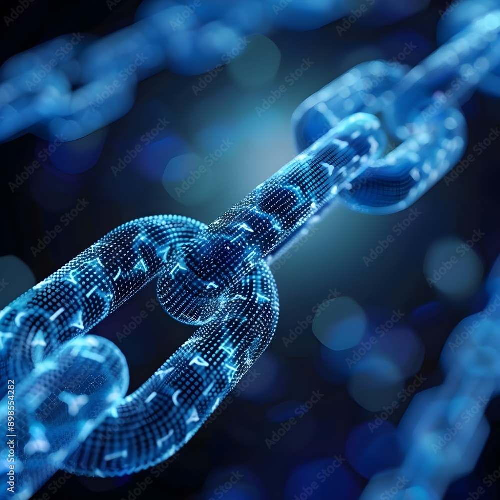 Poster a detailed digital chain link, emphasizing blockchain connectivity.