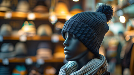 Obraz premium Mock up black Beanie in shop, displayed on mannequin, mannequin wearing simple winter clothes, shop background with shelves full of accessories, Ai generated Images