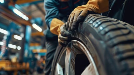 A mechanic in a blue jumpsuit is inspecting the tire of a car, ensuring it is safe for driving. The close-up shot emphasizes the detail and expertise needed for car maintenance.