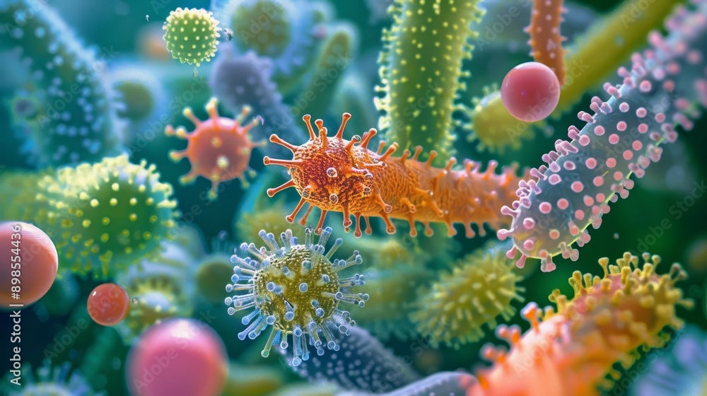 Poster a vibrant 3d rendering showcasing a diverse range of viruses and bacteria, highlighting their intric