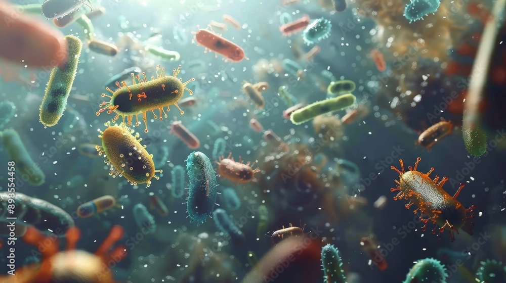 Poster a vibrant and abstract depiction of the microscopic world, showcasing the diversity and complexity o