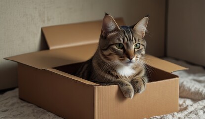Tabby Cat Relaxing in a Cardboard Box
