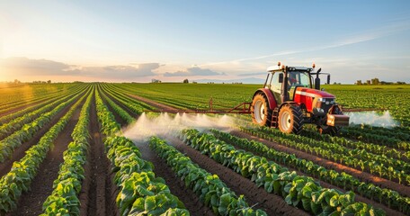 Obraz premium A tractor spraying fertilizer on crops in the vast fields of an agricultural landscape