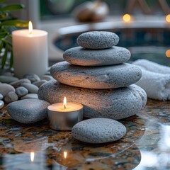 Obraz premium A pleasant white spa scene with stacked stones, a rolled towel and a burning candle on a marble table against a blurred background of a massage room. Space for text,