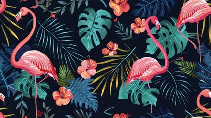 Naklejka premium Two pink flamingos stand amongst green tropical leaves and pink hibiscus flowers against a dark blue background. The pattern is a seamless repeating design