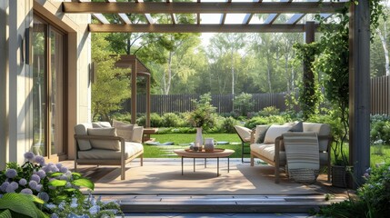 A modern patio with a wooden pergola provides shade and a relaxing atmosphere. Comfortable seating, a coffee table, and greenery create a cozy outdoor space.