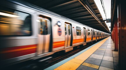 A sleek subway train rushes past a softly blurred platform, capturing the vibrant energy of evening transit