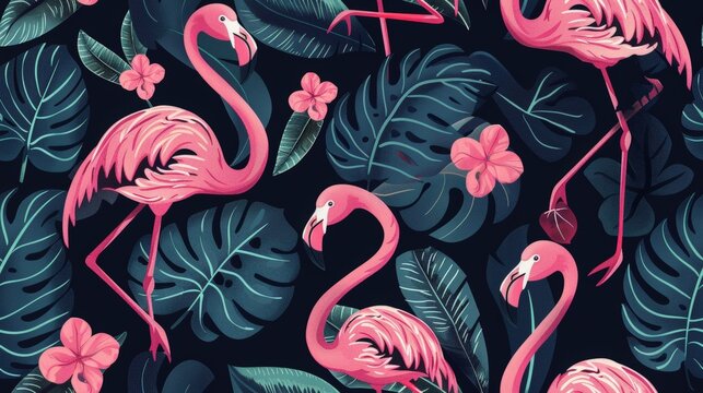 Pink flamingos stand amongst lush tropical leaves, their bright pink feathers contrasting with the deep green foliage