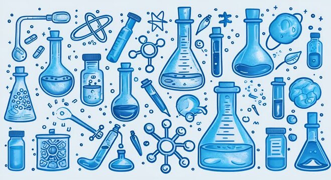 A blue and white drawing of many different scientific instruments and chemicals. The drawing is full of detail and he is a representation of a laboratory. Scene is one of curiosity and exploration