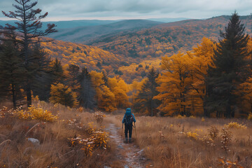 Fototapeta premium Enthusiast guides drone over vibrant russet Appalachian Trail foliage in a serene September hiking expedition with ample background space for text