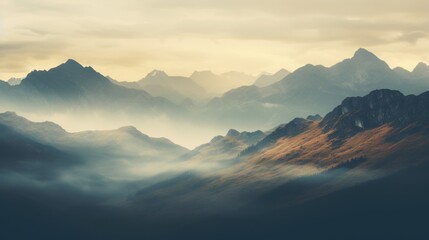 Fototapeta premium A breathtaking view of a mountain range enveloped in soft mist, showcasing the beauty of nature at dusk in the early autumn twilight