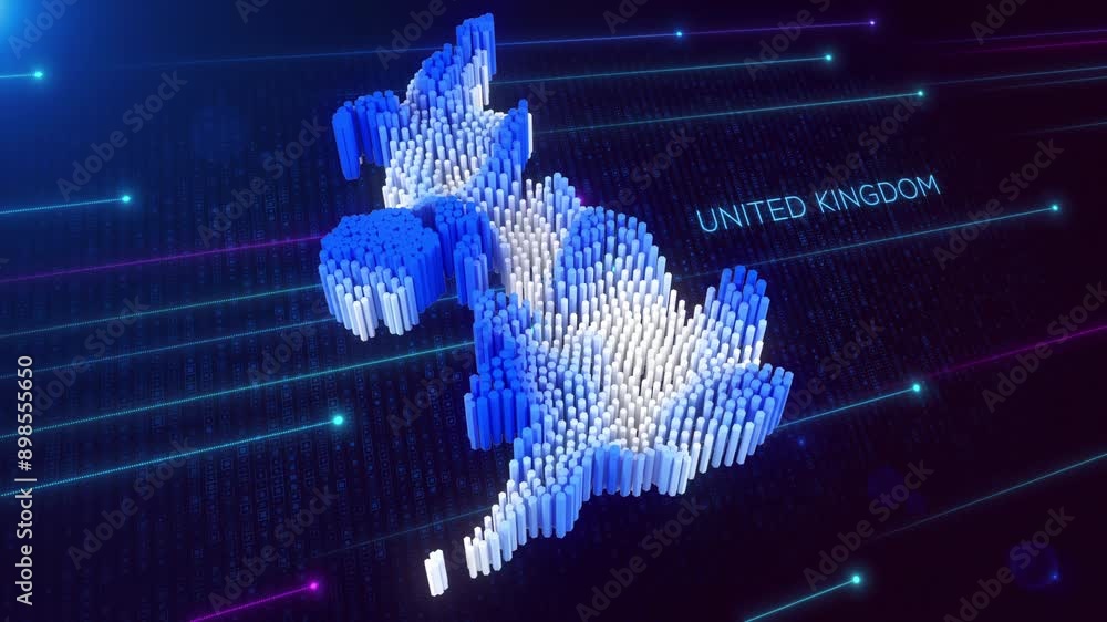 Poster digital motion 3d perspective dynamic rippling map of united kingdom in blue and white, set against 