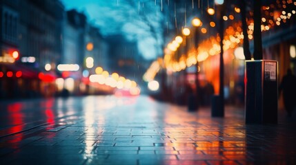 A vibrant urban street in Soodap glows with warm, defocused lights, reflecting on rain-soaked pavement under a dark, enchanting sky