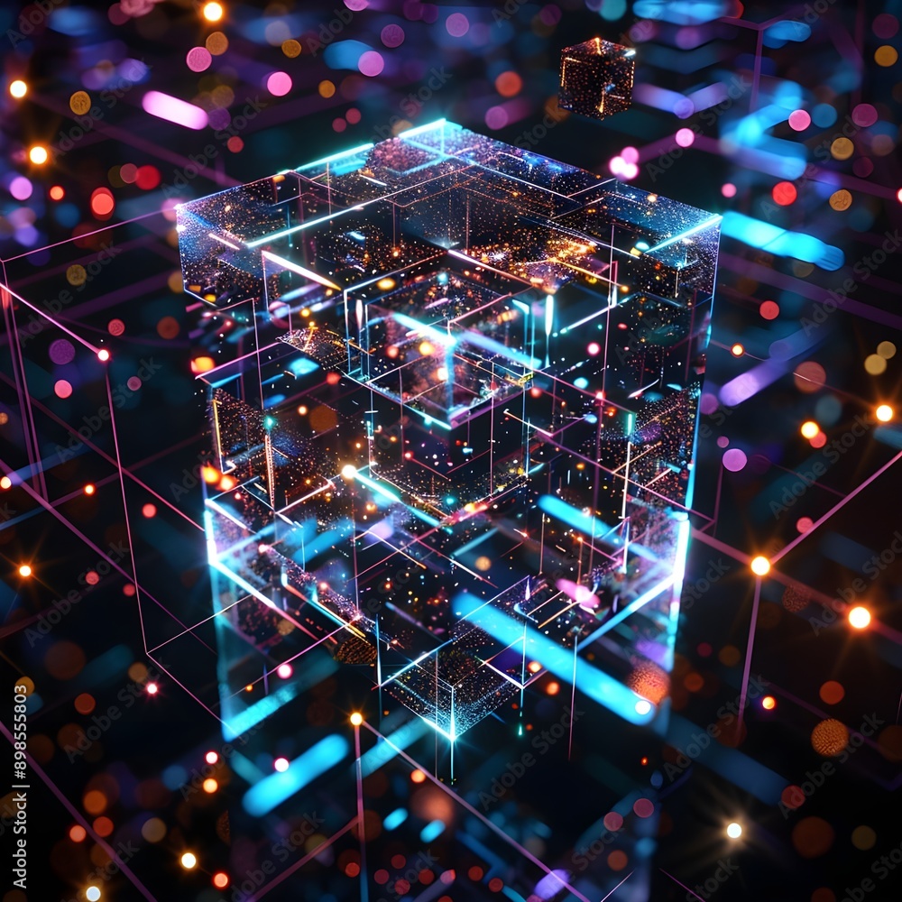 Poster a complex digital cube structure illuminated by vibrant, multicolored lights.