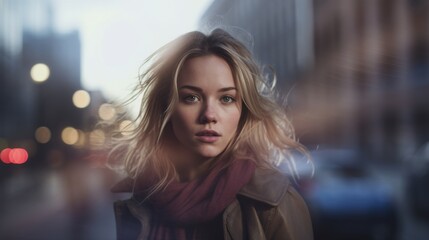A young woman stands confidently, her hair gently tousled by the breeze, amidst a softly blurred cityscape at dusk, capturing a moment of urban serenity