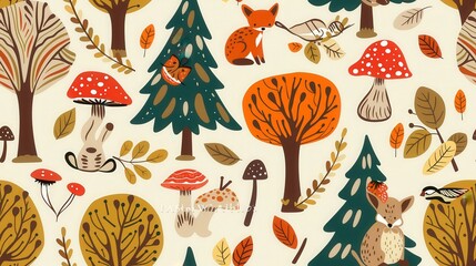 A whimsical pattern featuring autumnal colors, trees, mushrooms, a fox, a bunny, and birds