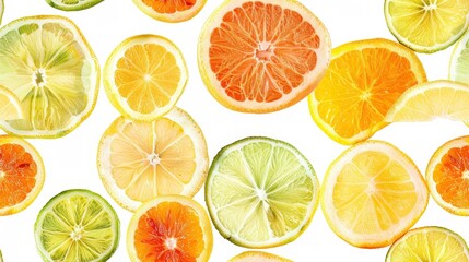 A close-up photo of various citrus fruit slices arranged in a pattern on a white background. The slices include lemons, limes, and oranges, showing their vibrant colors and juicy textures