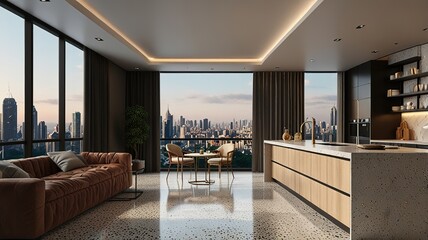 Modern style luxury interior with city view 3d render, There are terrazzo floor decorated wall with hidden light