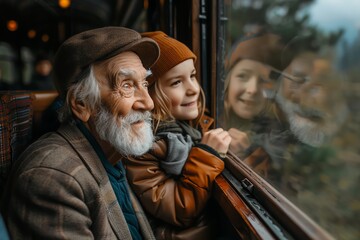 Obraz premium An elderly man and a young girl enjoy a scenic train ride, gazing out of the window together with smiles on their faces.