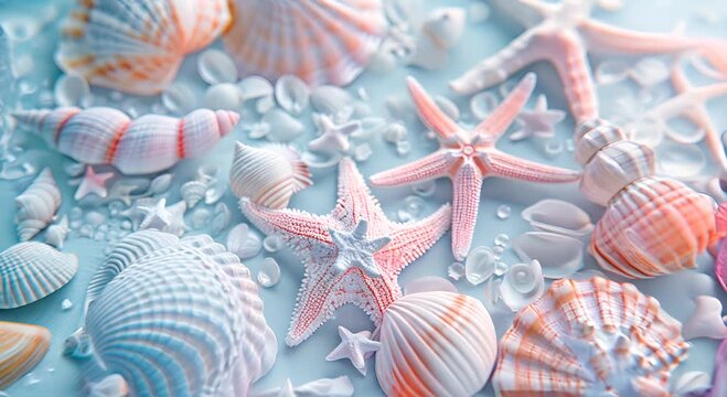 A collection of seashells and starfish on a blue background. The seashells are of various sizes and shapes, and the starfish are scattered throughout the scene