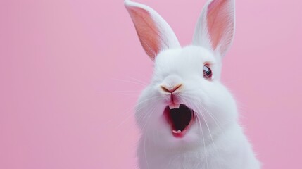 Obraz premium A white rabbit with big, pink ears is looking directly at the camera with a surprised expression, mouth open and teeth showing. The rabbit is on a pink background.
