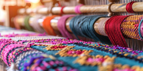 Close-up of weaving mechanism creating colorful textile pattern, fabric, textile, threads, loom. Abstract handwork background. 