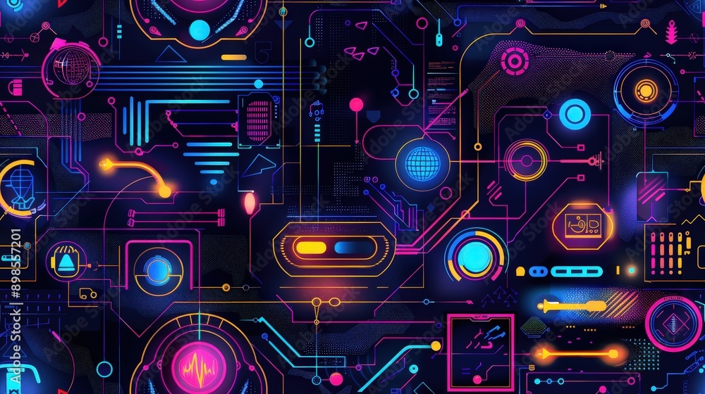 Poster a seamless pattern featuring a complex network of glowing neon circuits, cybernetic elements, and di
