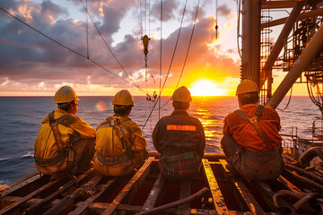 Workers on an Oil Rig at Sunrise