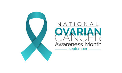 Ovarian Cancer Awareness month is september. Calligraphy Realistic Teal Ribbon. Banner poster, flyer and background design template.