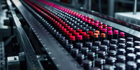 Obraz premium Production of lipstick. Close-up of a conveyor belt with lipsticks.