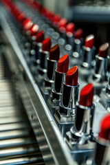 Fototapeta premium Production of lipstick. Close-up of a conveyor belt with lipsticks.