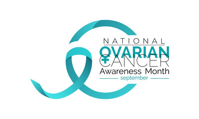 Ovarian Cancer Awareness month is september. Calligraphy Realistic Teal Ribbon. Banner poster, flyer and background design template.