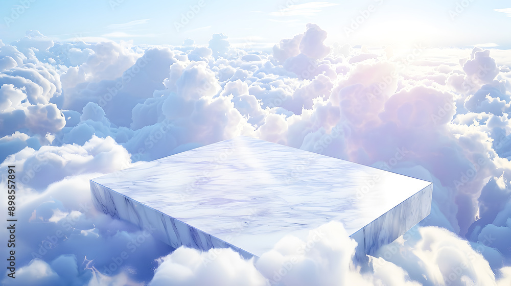 Poster ethereal marble platform effortlessly floating amidst soft fluffy clouds in a bright blue sky the pl