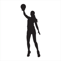 Black silhouette art of female volleyball player silhouette white background
