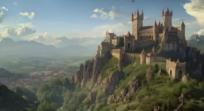 A castle is on a hill with a green landscape. The castle is surrounded by a forest and mountains