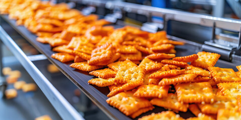 Production of salty snacks. Close-up of a conveyor belt with crispy crackers.