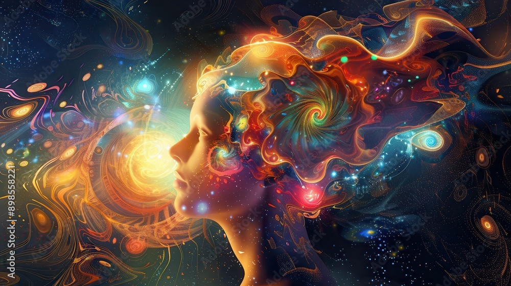Poster illuminated mind: person with glowing head surrounded by abstract patterns and shapes, symbolizing c