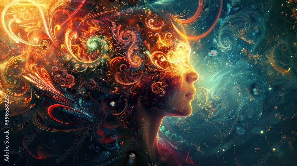 Poster illuminated mind - person surrounded by swirling patterns and abstract shapes representing enlighten