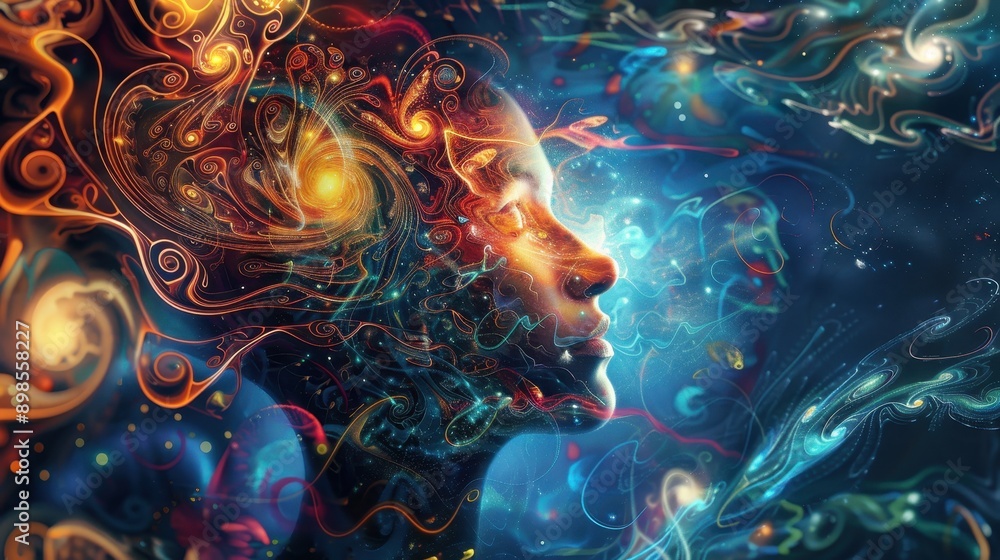 Poster radiant mind - person with illuminated head surrounded by swirling patterns and abstract shapes, sym